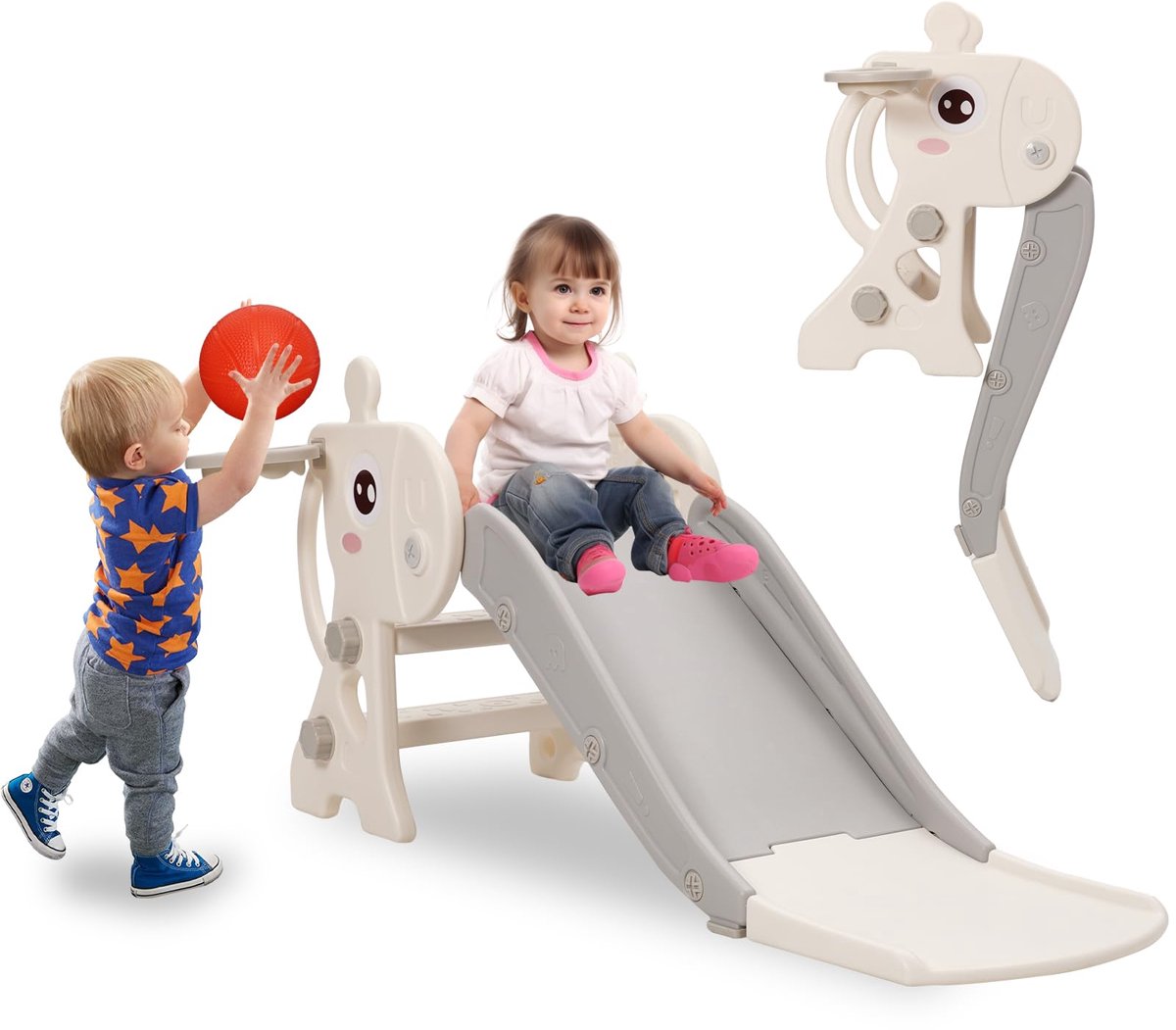 SnelShoppen - Glijbaan voor binnen en buiten, opvouwbare kinderglijbaan met basketbalmand voor peuters vanaf 1-3 jaar, grijs hert, kinderglijbaan voor