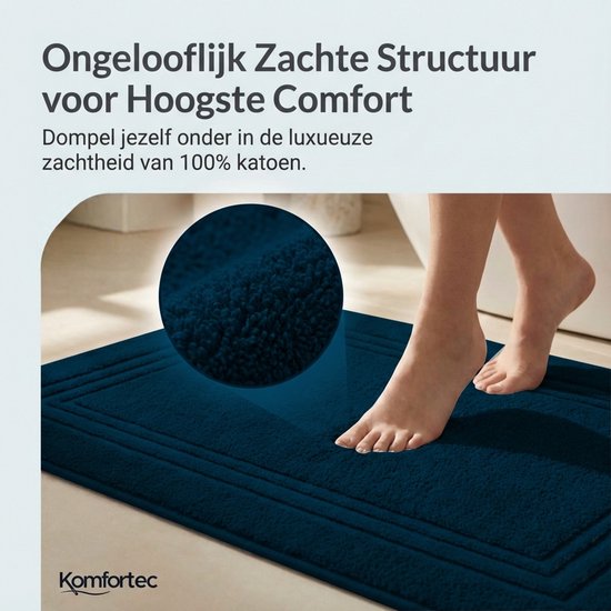 Donkerblauwe badmat van 100% katoen met een zachte, pluizige textuur. Een voet stapt op de mat.