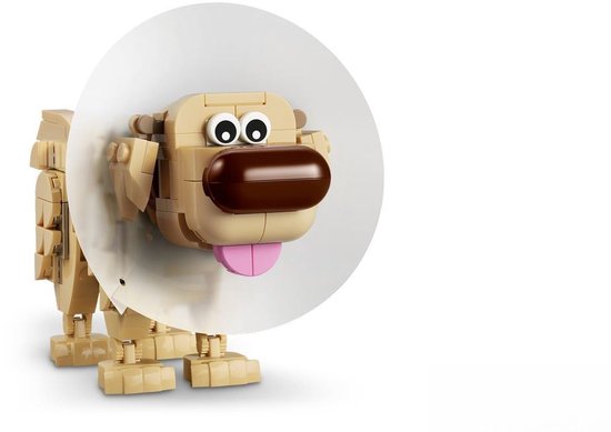 Dug LEGO avec collier élisabéthain, de couleur beige, gros nez marron et langue rose.