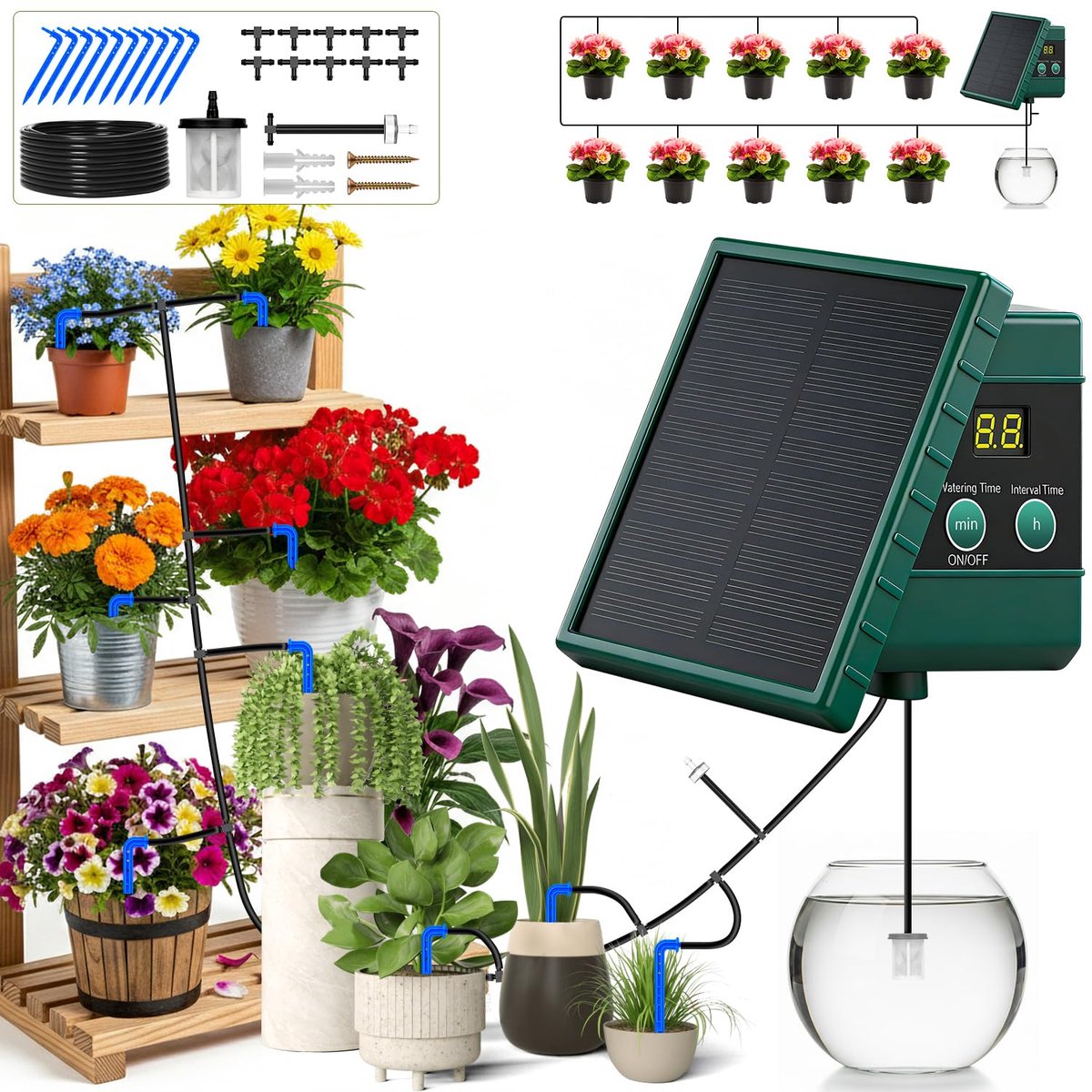 SnelShoppen - Automatische irrigatie op zonne-energie, druppelirrigatieset met 10 m slang, ideaal voor tuin, balkon en buitenplanten