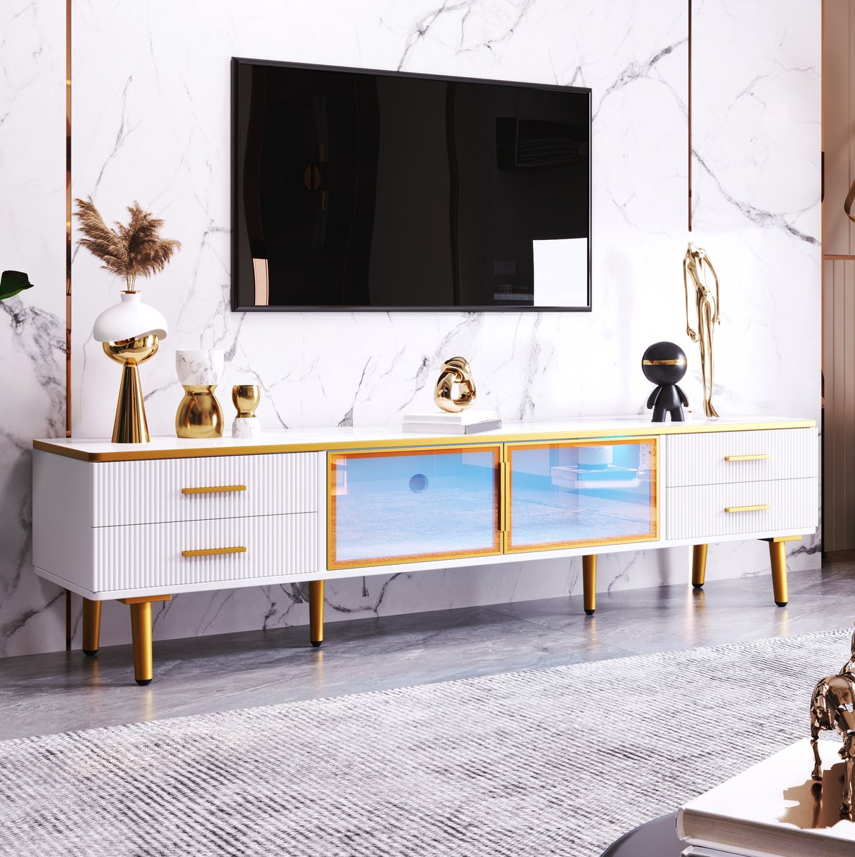 COVREO Tv-meubel 170x37x47,5 cm – wit met goud, LED, 4 lades en 2 deuren