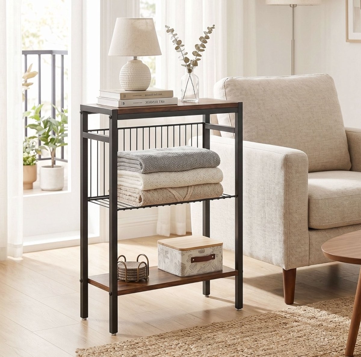 HAUSS SPOLE Bijzettafel – 43 x 18 x 62,5 cm – 3 Planken Met Opbergruimte – Spaanplaat En Metaal – Rustiek Bruin – Voor Woonkamer En Slaapkamer