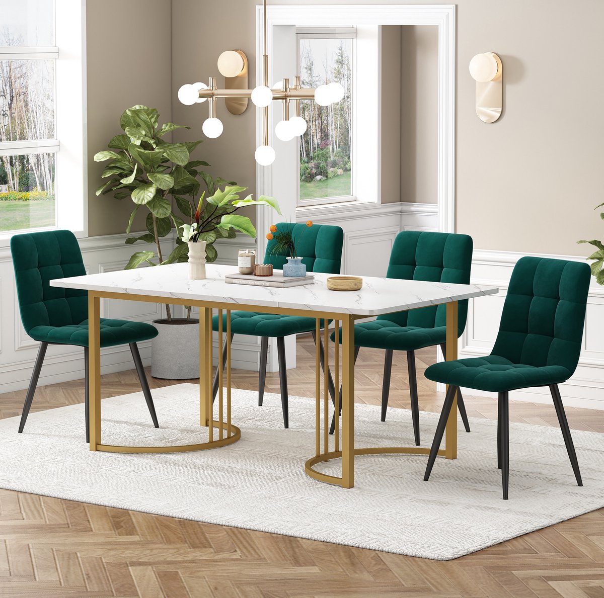 MEUNIQ eetkamerset 5-delig met eettafel 140 x 80 cm en 4 fluwelen stoelen, wit MDF tafelblad met marmerlook, gouden metalen tafelpoten, donkergroen