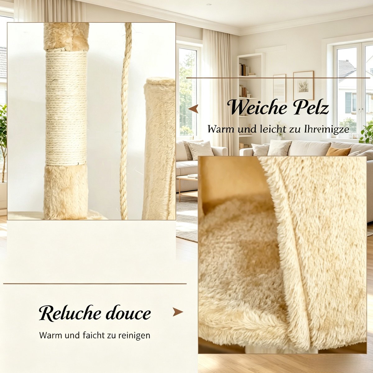 HAUSS SPOLE Krabpaal – 40 x 40 x 114 cm – 4 Niveaus Met Huisje En Hangmat – Spaanplaat, Pluche En Sisal – Beige – Voor Krabben En Spelen