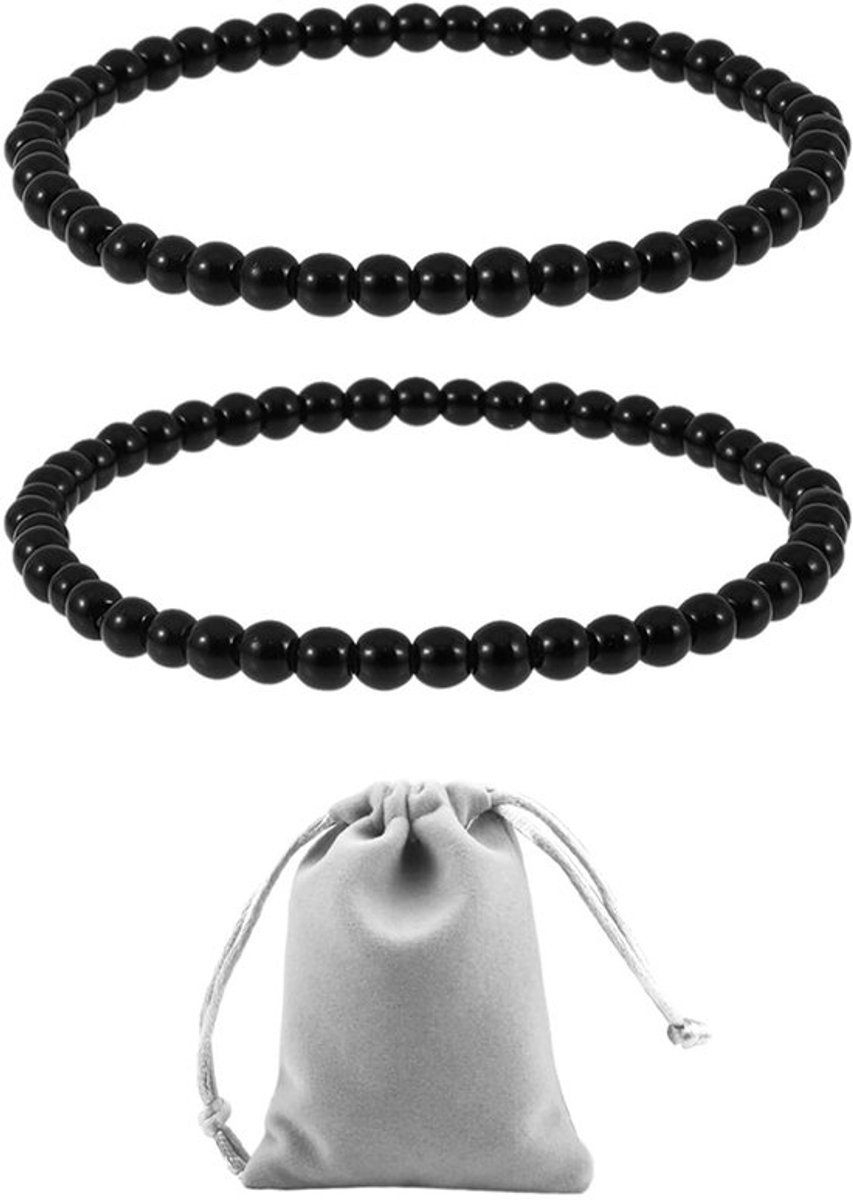 Armband 2 stuks - Zwarte Parelarmbanden - Elastische Armband - Sieradenzakje - Turkoois - 18-32 cm - Kralenarmband