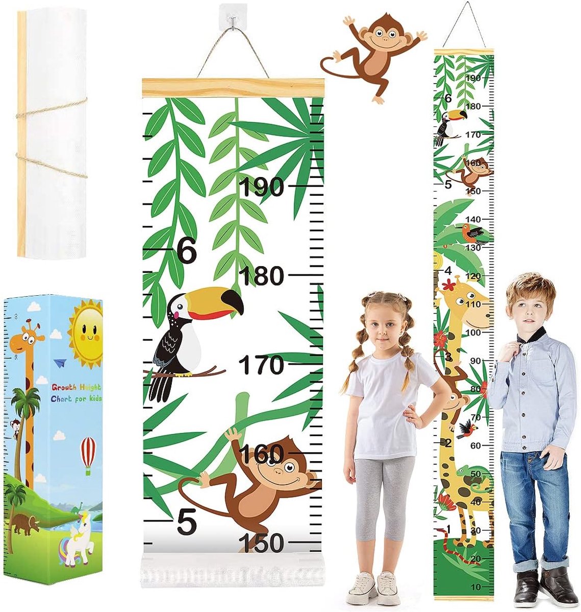 SnelShoppen - Meetlat voor Kinderen, Groeimeter Kindermaten, Roll-Up Wanddecoratie, Hoogtemeter, Verwijderbare Canvas, Houten Ruler voor Baby en Kinde