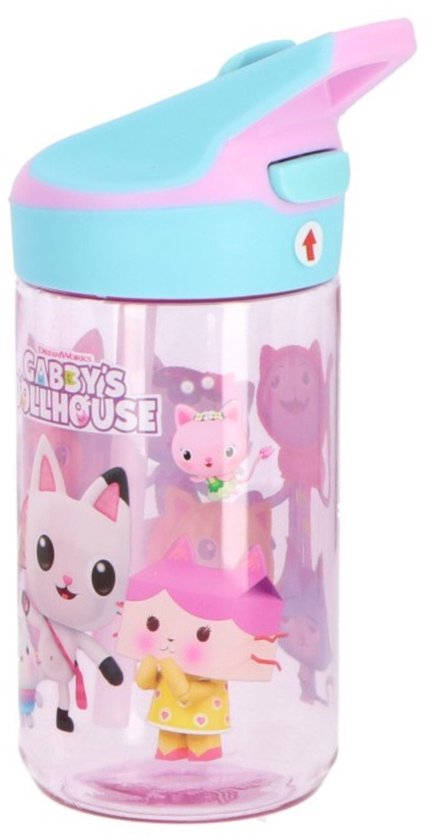 Roze fles met Cakey Cat en Pandy Paws. Blauw en roze deksel.