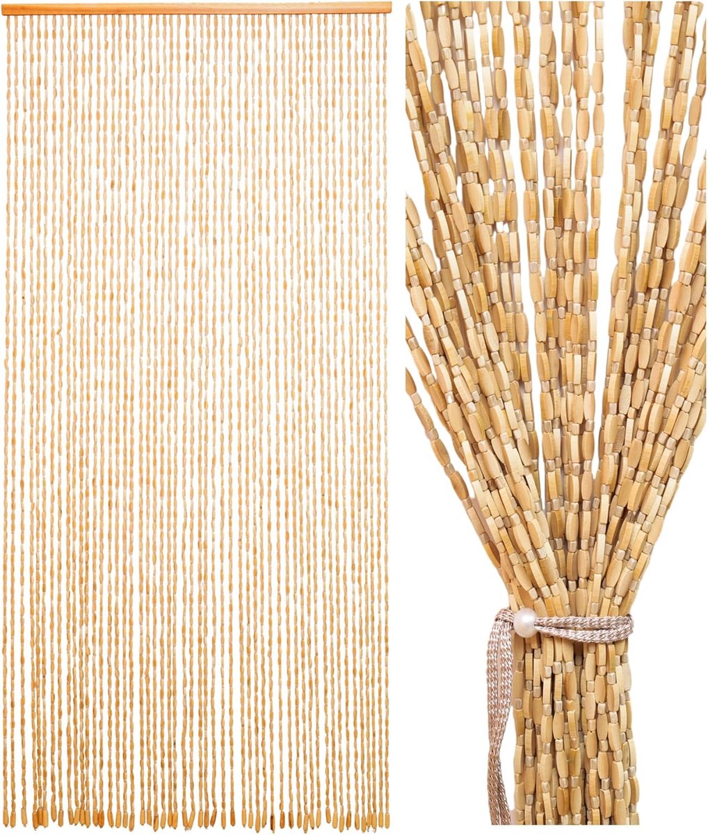 SnelShoppen - Houten Kralengordijn 90 x 200 cm, Beige, Retro Deurgordijn met 52 Strengen, Natuurlijk Draadgordijn voor Insectenbescherming in Slaapkam