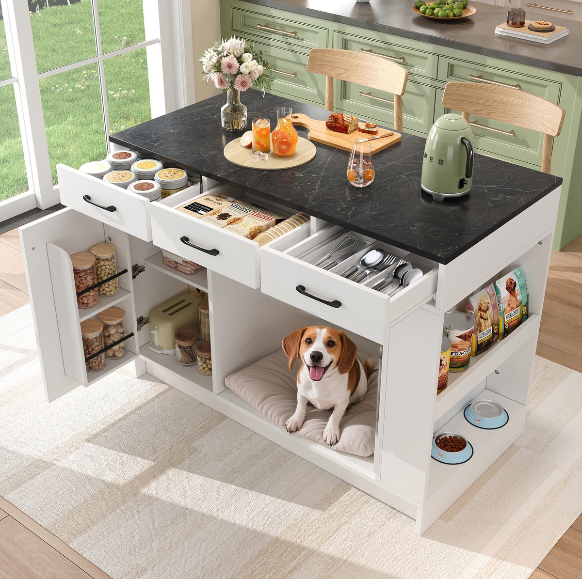 DESMIU Keukenkast - Keukeneiland Met 3 Laden En Kruidenrek - Opbergruimte Met Verstelbare Plank Voor Keuken En Woonruimte - Spaanplaat - 120x60x90 Cm - Wit