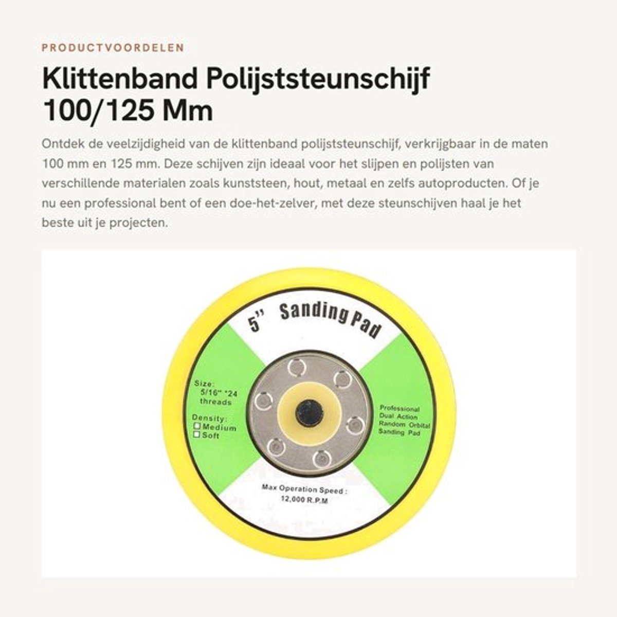Polijststeunschijf 100/125 mm - Klittenband - M8 Draadschuurzool - Slijpen - Polijsten - Geschikt voor hout/kunststeen/metaal - Schuurzool