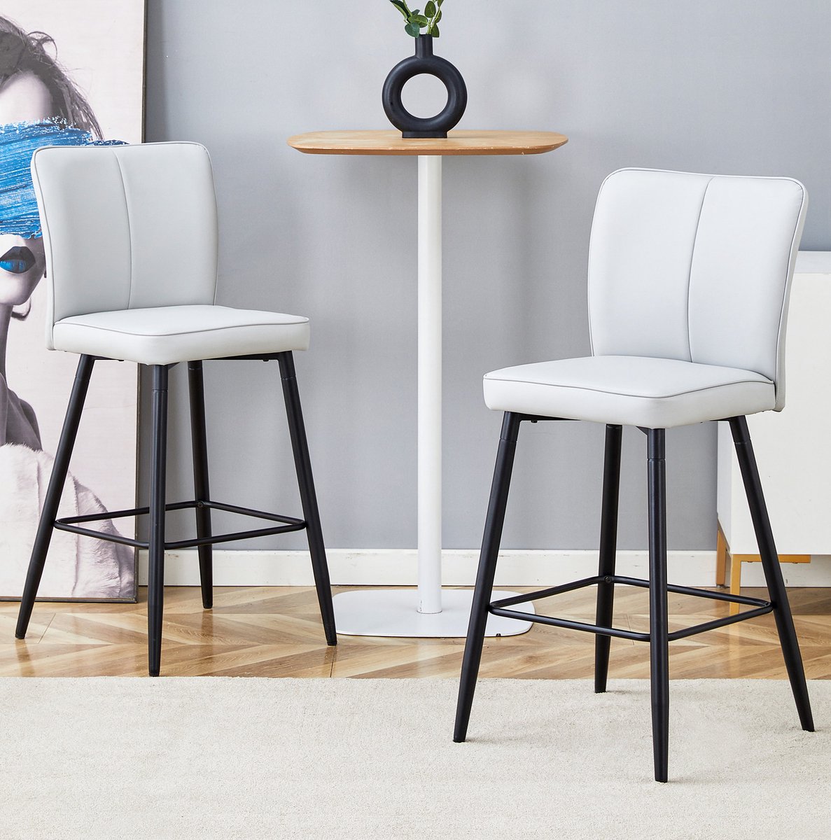 COVREO Barkruk 101 x 44 cm - set van 2, lichtgrijs kunstleer, met rugleuning en voetsteun