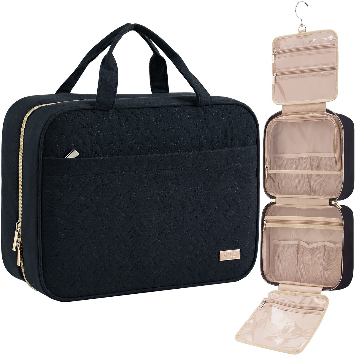 SnelShoppen - Grote Dames Toilettas - Draagbare Hangende Organizer voor Shampoo, Conditioner, Make-upaccessoires, Zwart, Stijlvol, Perfect voor Reizen