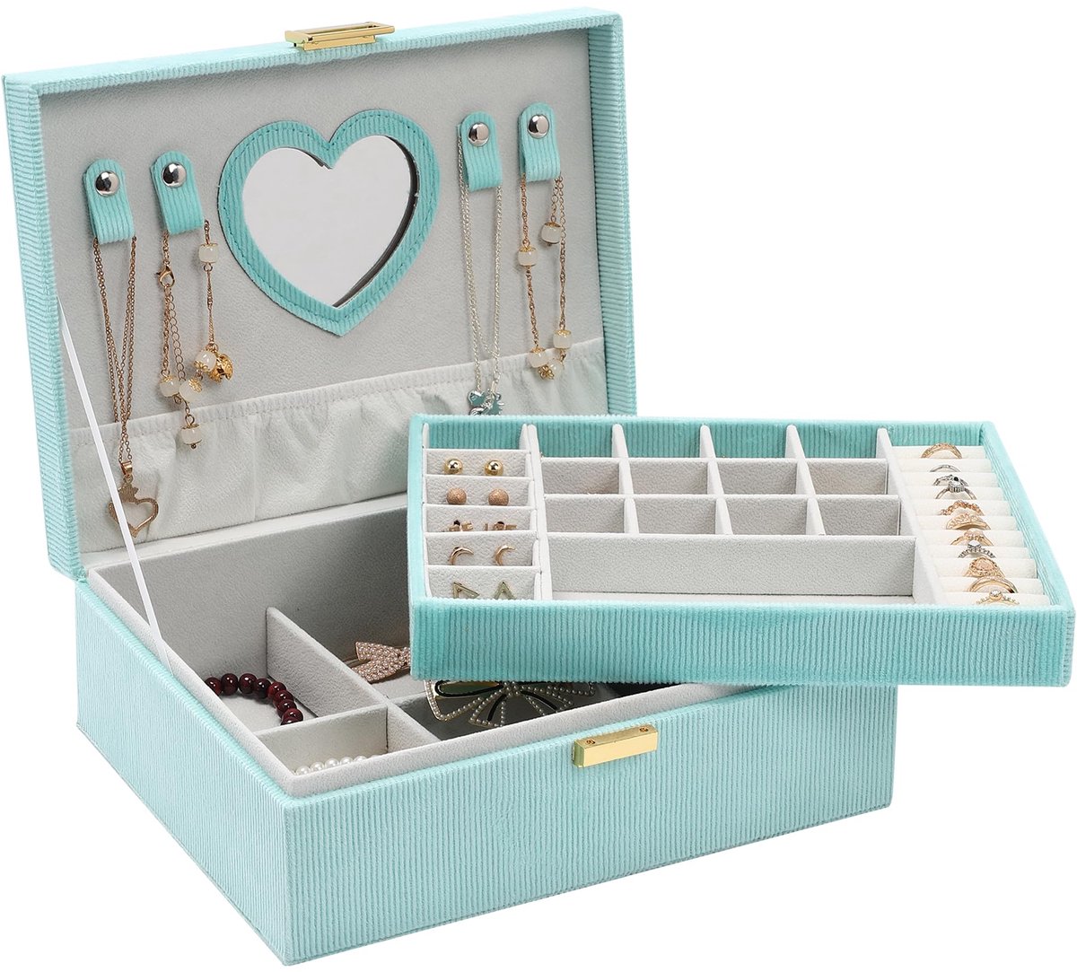 SnelShoppen - Dajasan Sieradenopslag Sieradenkistje Lichtgroen voor Meisjes en Dames, 2 Etages voor Ringen, Halskettingen, Armbanden, Horloges en Oorb