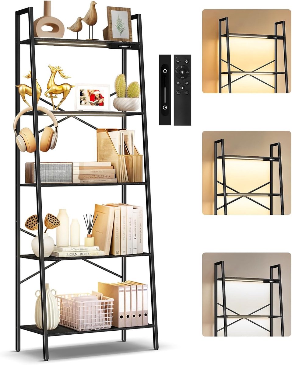 SnelShoppen - Ladderrek met 5 Niveaus en LED-Verlichting, Smalle Opslagboekenplanken, Industrieel Boekenrek voor Woonkamer, Modern Design, Ruimtebespa