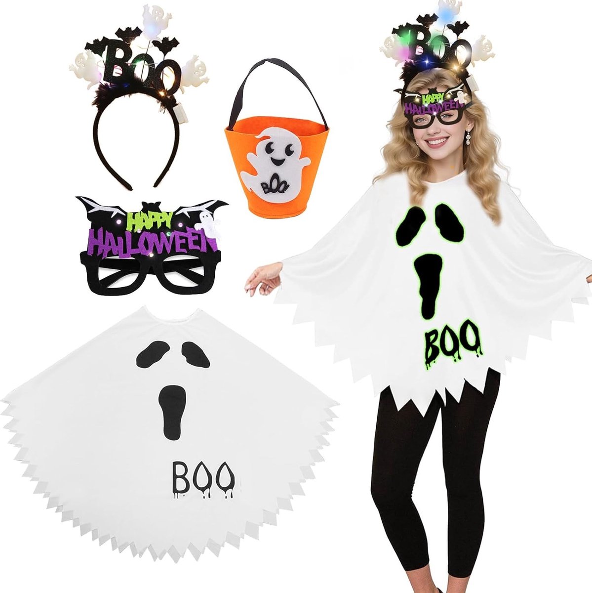 Grappig pompoen kostuum voor dames met hoed, snoepzak en bril, ideaal voor carnaval en Halloween feesten