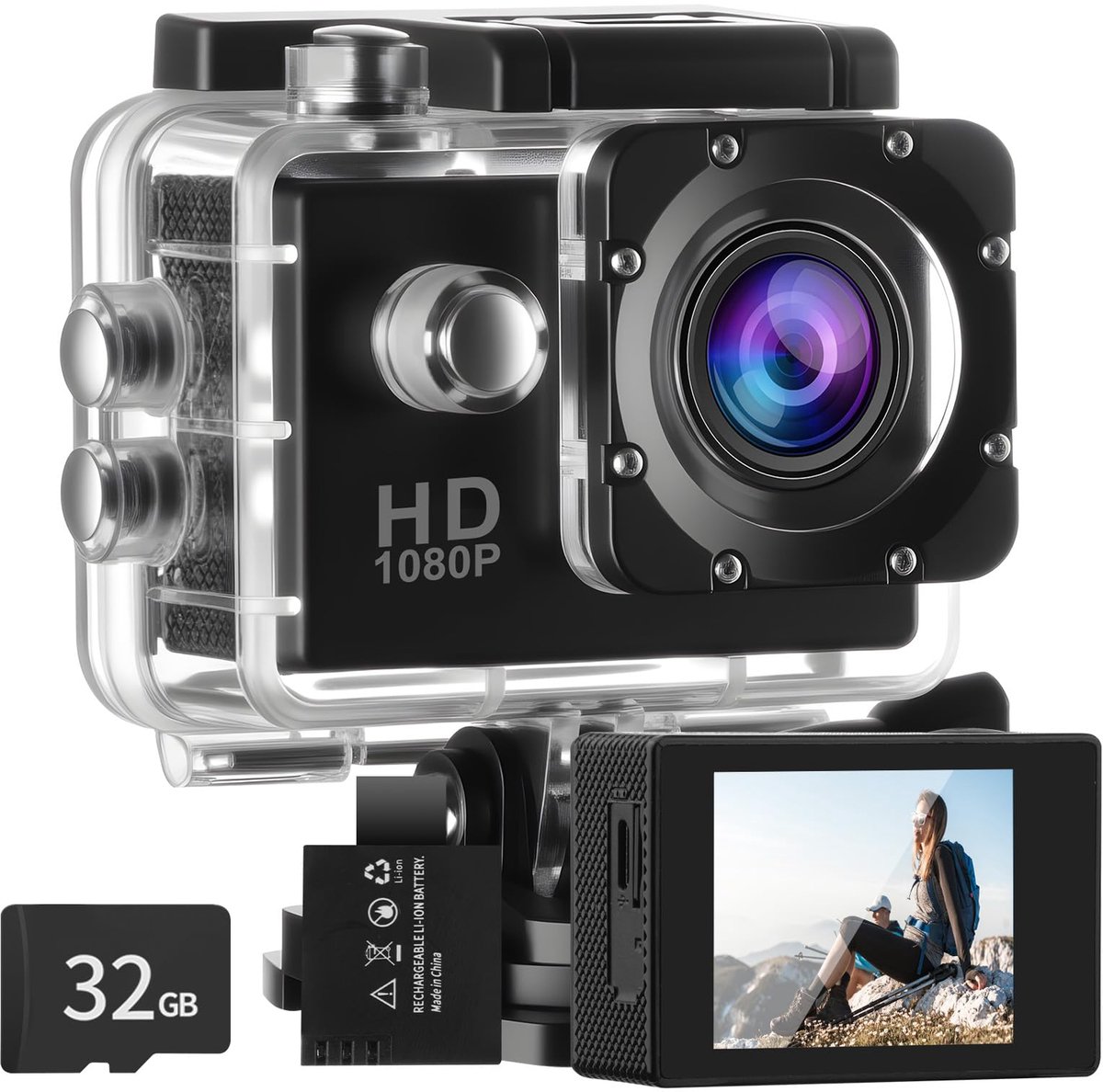 SnelShoppen - Actiecamera HD 1080P30FPS Waterdicht 30m met 32G-kaart, 140° Ultrabrede Kijkhoek, Helmcamera Sportcamera met Accessoireset