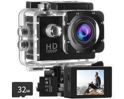 SnelShoppen – Actiecamera HD 1080P30FPS Waterdicht 30m met 32G-kaart, 140° Ultrabrede Kijkhoek, Helmcamera Sportcamera met Accessoireset