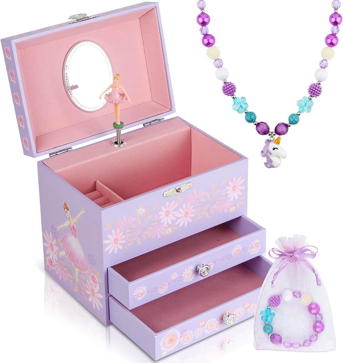 SnelShoppen - Muzikaal sieradendoosje voor meisjes, ballerina met 2 uittrekbare laden, kindersieraden geschenk voor kinderen van 3-10 jaar, roze, perf