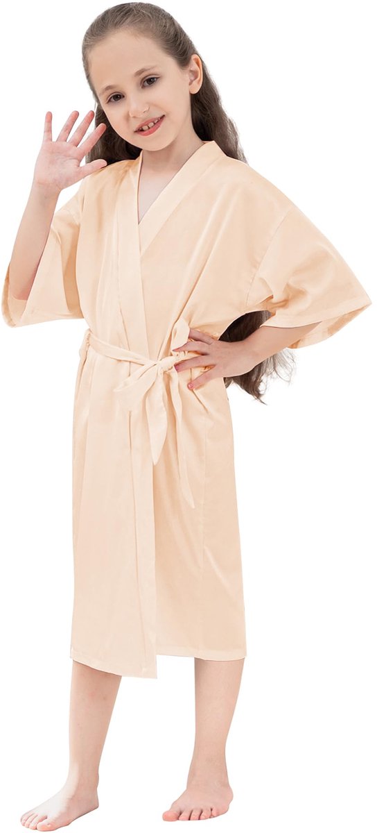 SnelShoppen - KAKU NANU Satijnen badjas meisjes 4-14 jaar, zijden kimono, lichte zomer ochtendjas voor spa, bruiloft, verjaardagsfeest, feestelijke ge