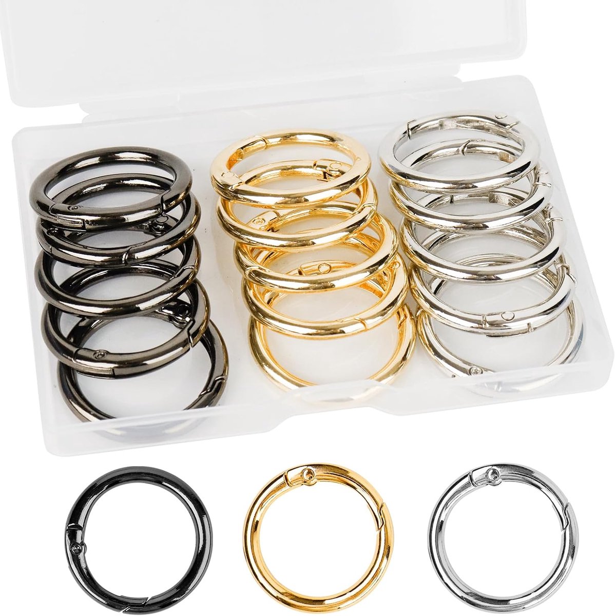 SnelShoppen - Pack van 15 Ronde Carabiner Haken met O-Ringen, Metaal, 33 mm, Veer Sluiting, Ideaal voor Sleutelhangers, Creatieve Projecten, Rugtassen