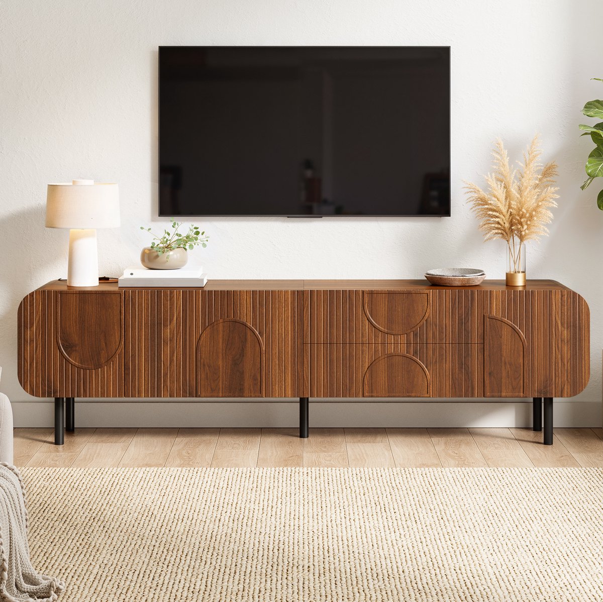 MODENUIT TV-Meubel - 3 Deuren En 2 Lades Met Kabeldoorvoer - Voor Woonkamer - Walnoot - 180x40x47,5 Cm
