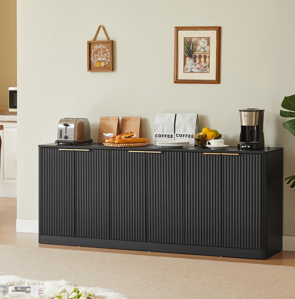 MODENUIT Dressoir - Golvend Paneeldesign Met 6 Deuren - Voor Woonkamer Of Keuken - MDF - Zwart - 170x40x70,5 Cm