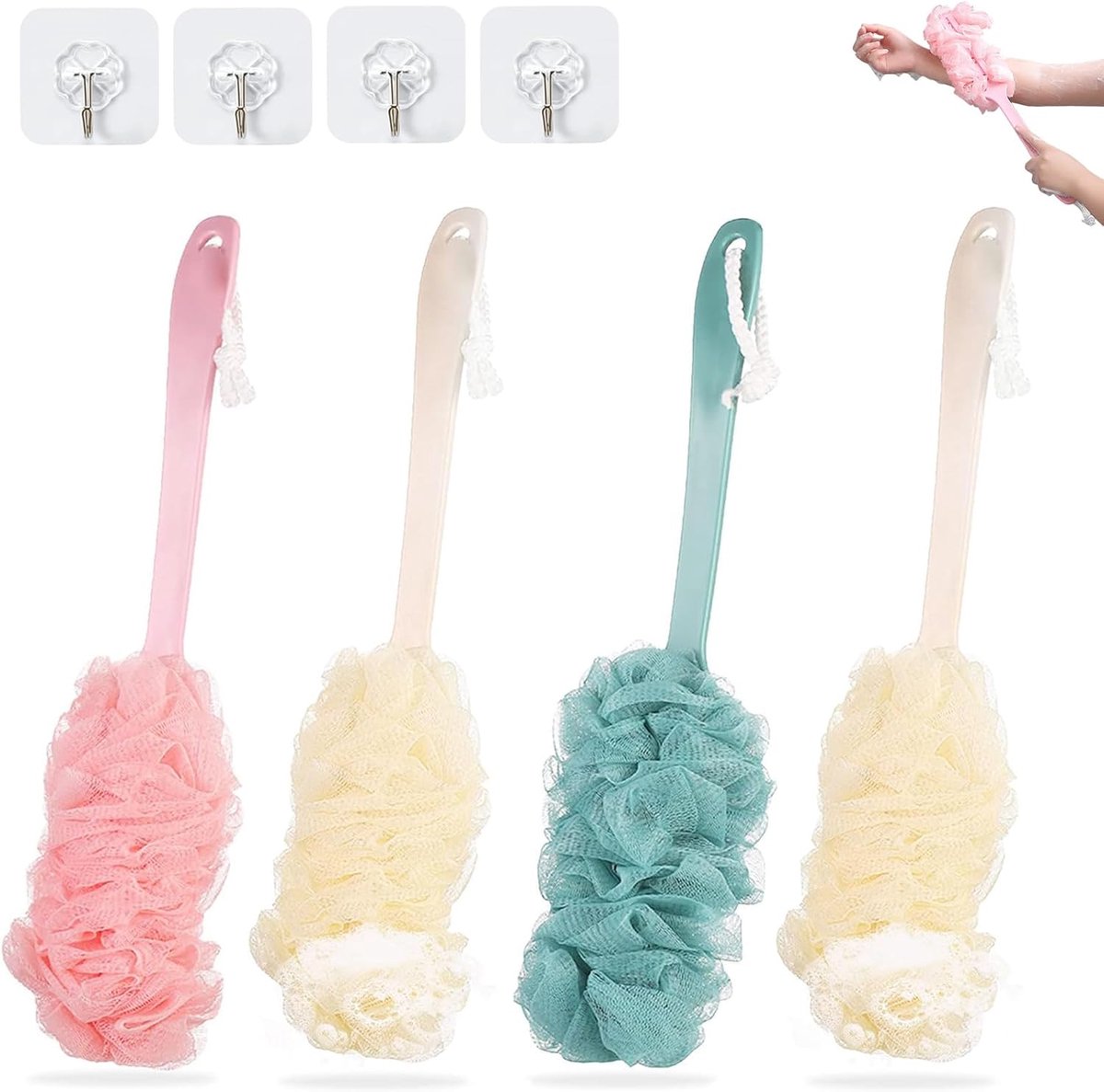 SnelShoppen - Douche Spons met Handvat, 4 Stuks Bad Spons, Lange Handgreep Douche Borstel met 4 Haakjes voor Rug, Bad Wash Peeling Massage Spons Brush