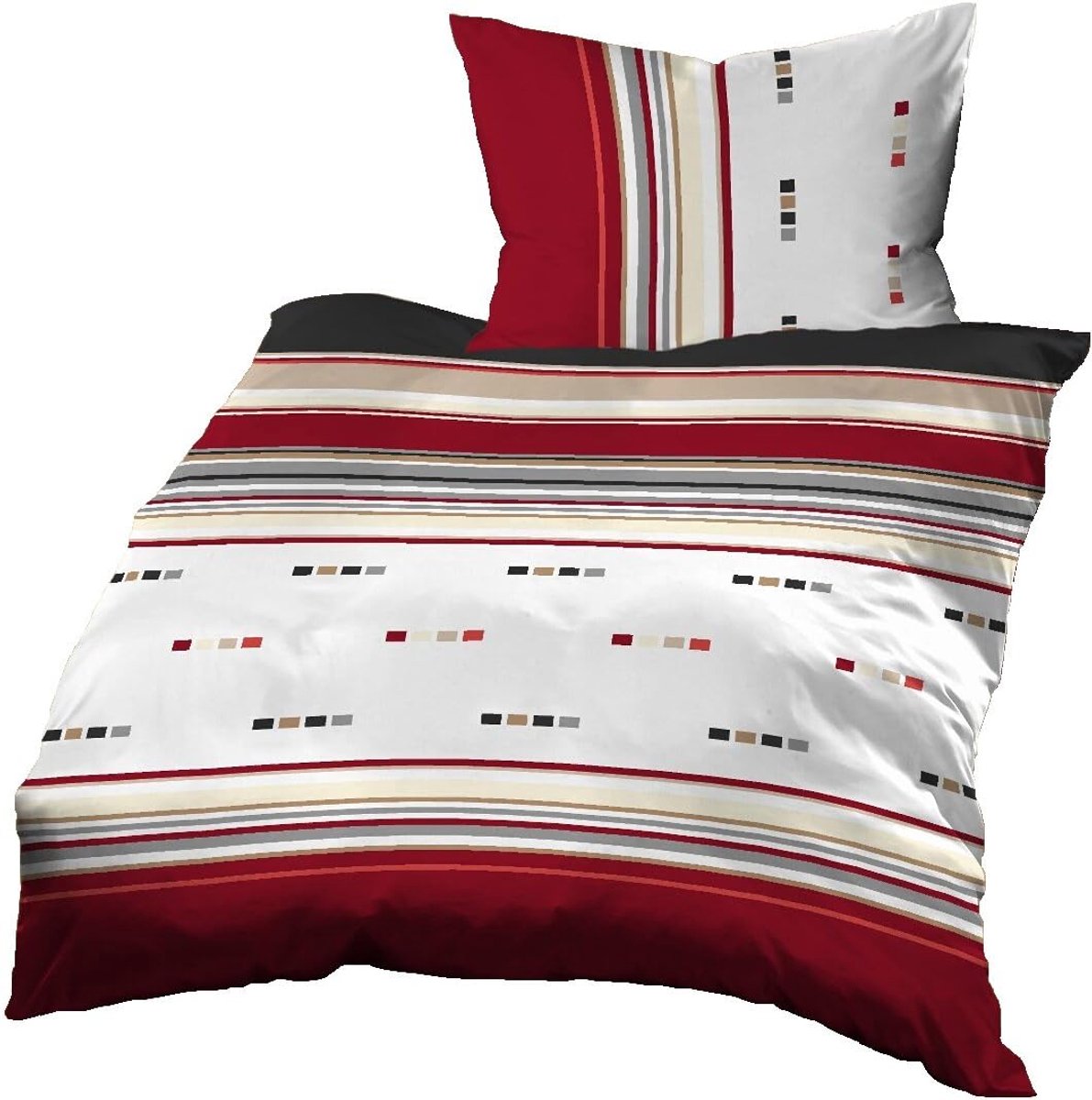 SnelShoppen - Satin Dekbedovertrekset 100% Katoen 140x200 cm met Kussensloop 70x90 cm, Modern Streep & Ruit Design in Rood, Wit, Beige, Antraciet - Pe