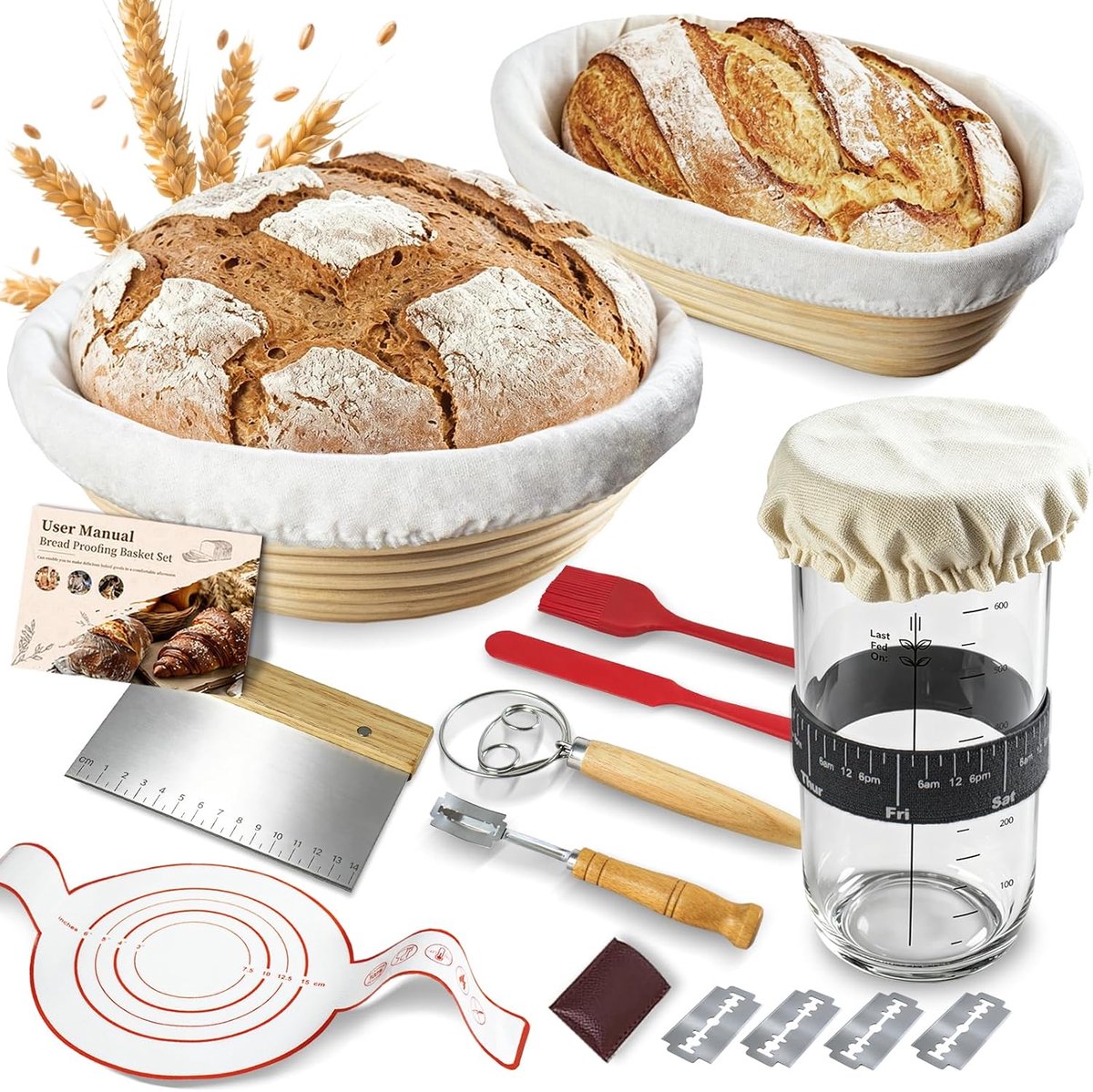SnelShoppen - Complete rijsmandje Zuurdeeg Starterset met 700 ml Zuurdesemglas, Ronde en Ovale Gaarmand, Bakkersaccessoires voor Hobbybakkers en Profe