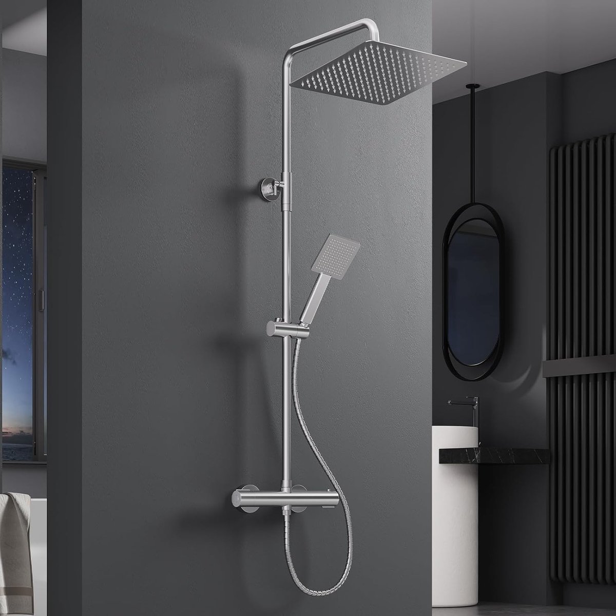 SnelShoppen - Thermostat Douchesysteem RVS, Regen Douche Set met Mengkraan, Mat Zwart, 30 cm, Voor Badkamer en Wellness