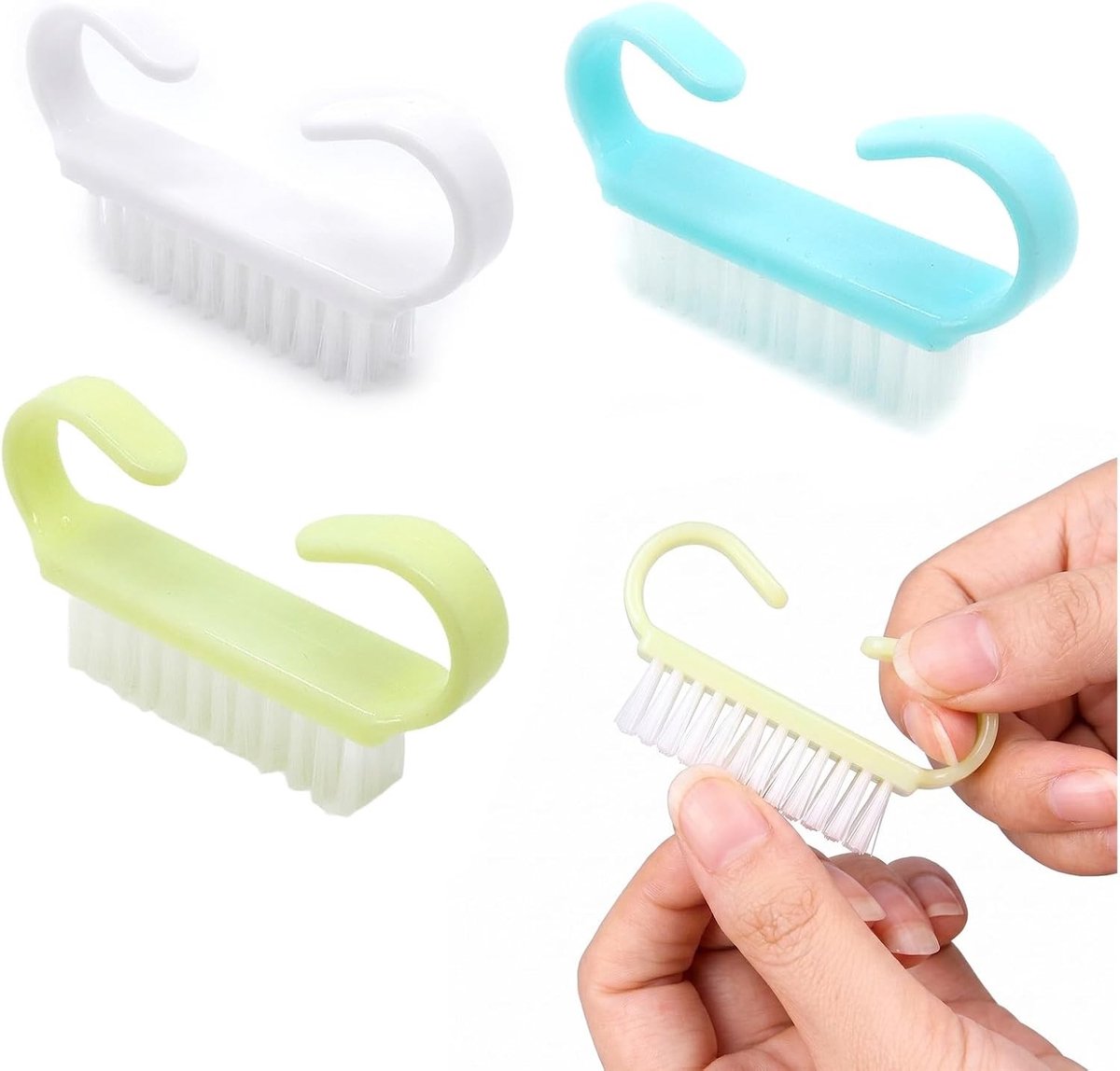 Set van 3 ergonomische tandenborstels en nagelborstel, ideaal voor manicure en pedicure, compact en draagbaar in wit, blauw en geel