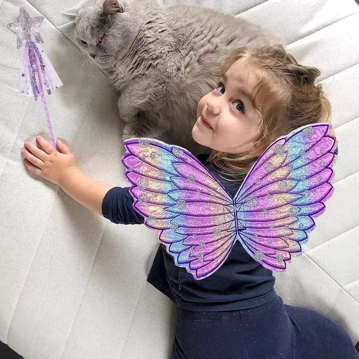Betoverende Vlinder Vleugels Set voor Meisjes met Toverstaf en Feestelijke Accessoires voor Halloween en Cosplay, Perfect voor Kinderen