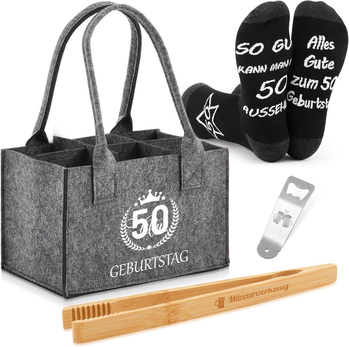 Beer Cadeauset voor Mannen met Vilt Flessentas, Grilltang, Flesopener en Grappige Sokken - Perfect voor Verjaardagen en Feestdagen
