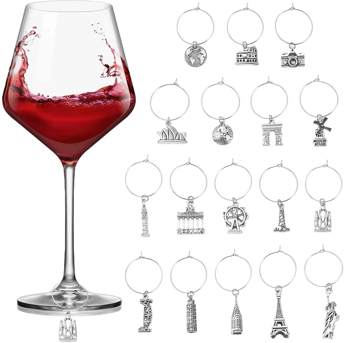 SnelShoppen - 34 stuks Antieke Zilveren Wijnglas Bedels - Reisthema Drinkmarkers Tags - Tibetaanse Hangers voor Cocktail Champagne Proeverij Feestdeco