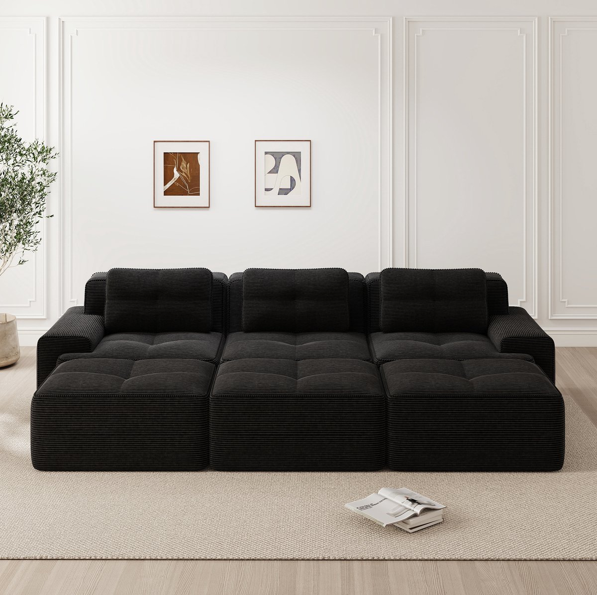 STILVORA Hoekbank 293 x 177 x 69 Cm - Modulaire 3-Zits Met Slaapfunctie En 3 Hockers - Voor Woonkamer - Cordstof Zwart
