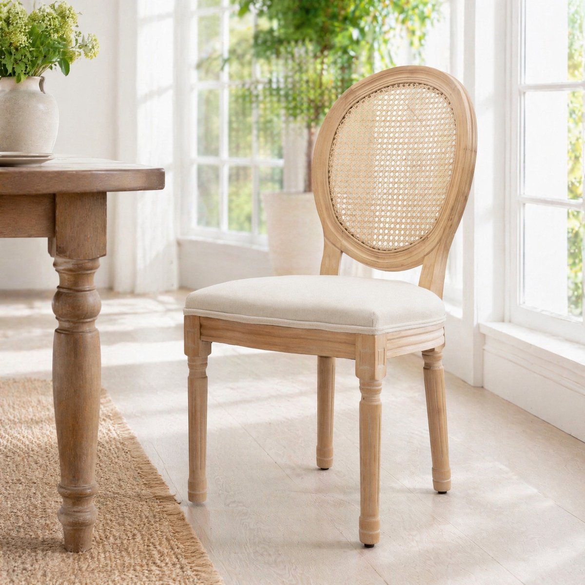 MEUNIQ eetkamerstoel set van 2 in Franse stijl met rotan rugleuning, stofzitting en houten frame, beige klassiek voor eetkamer en eettafel