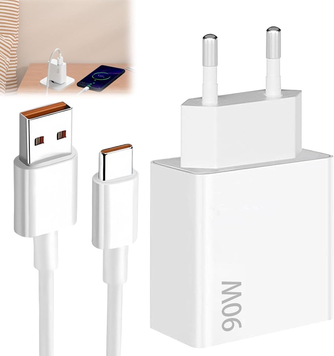 Krachtige 90W USB Snellader met 1.5m Oplaadkabel voor Smartphones en Tablets, Compatibel met Diverse Modellen zoals Poco X7 Pro en Mi 10T Pro