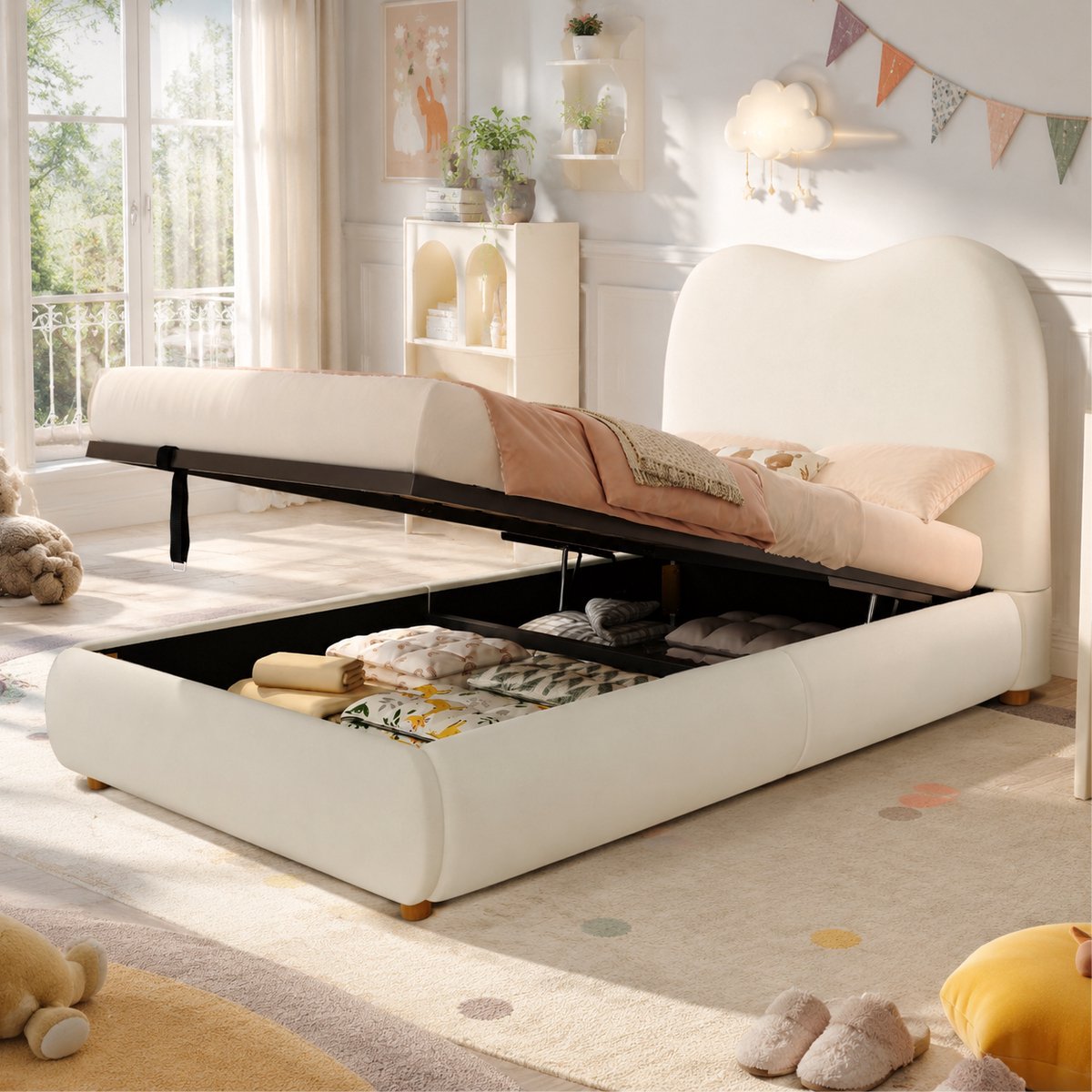Wishdor Kinderbed 90 x 200 cm - Hydraulisch functiebed - Met lattenbodem - Opbergruimte onder het bed - Zacht bekleed - Beige