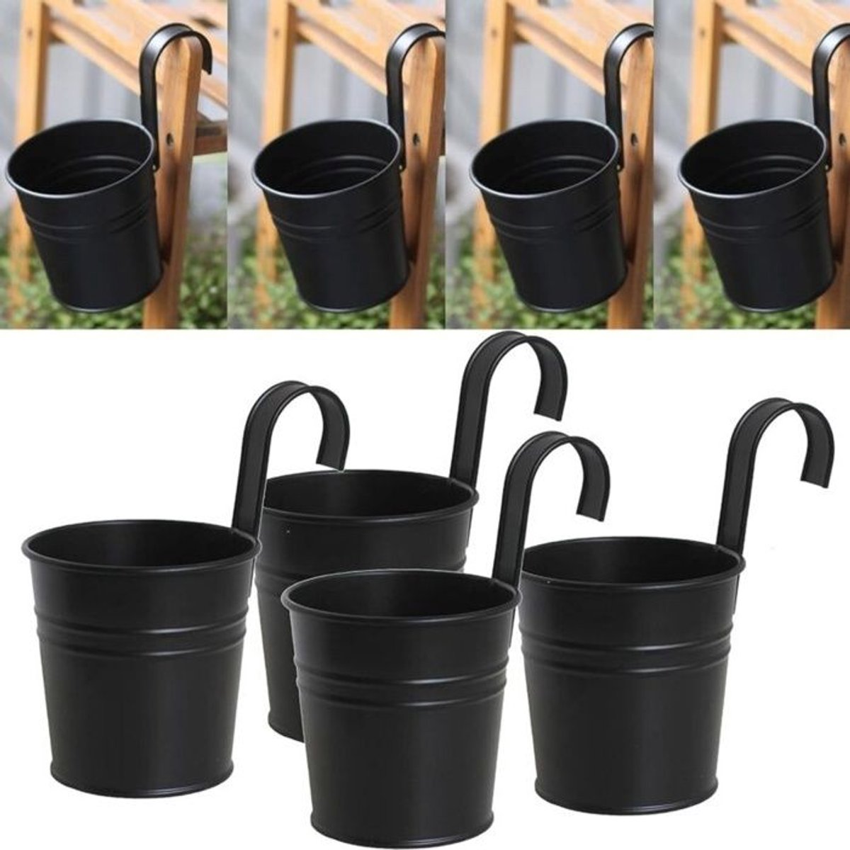 Een set van 4 zwarte metalen hangende bloempotten (met afneembare haken)