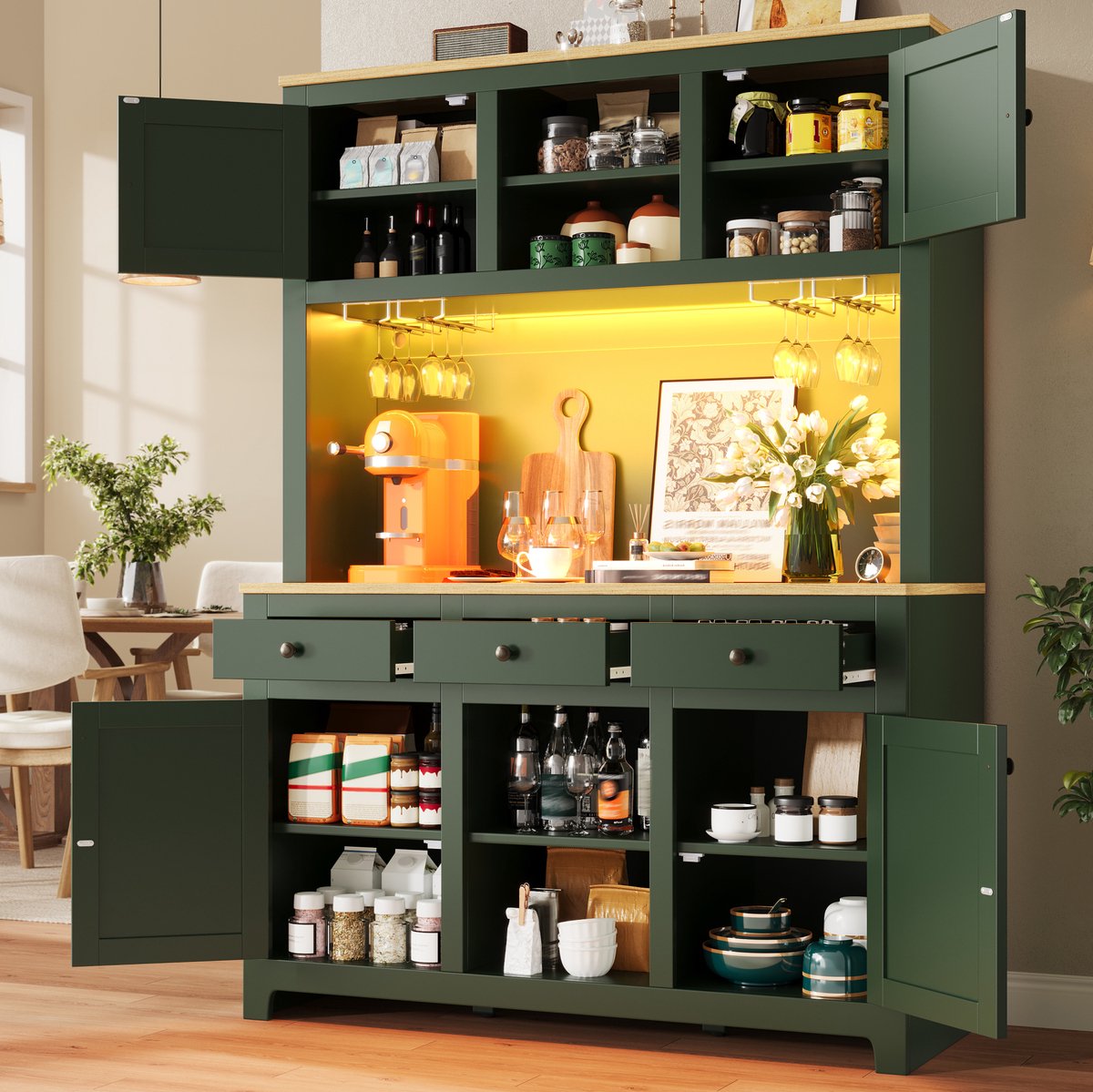 DESMIU Keukenkast - Hoge Opbergkast Met PE Rattan Deuren En Optioneel Lichtsysteem - Met Lades Voor Keuken En Woonkamer - MDF - 120x40x180 Cm - Antique Green