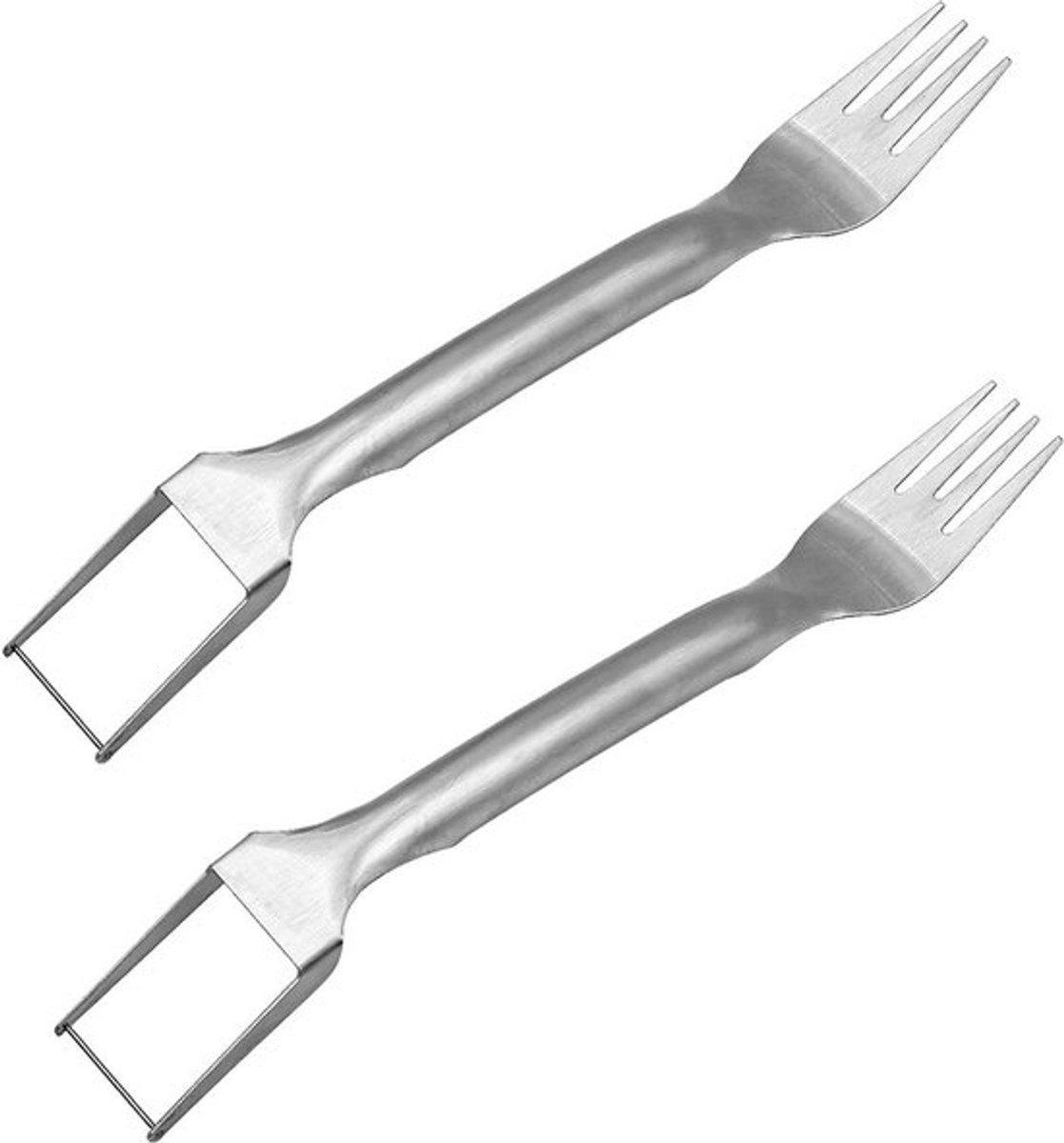 Watermeloen Vork 2-in-1 - 2 Stuks - Roestvrij Staal - Draagbaar - Fruit Vorken - Voor Thuis/Camping - 25,6 x 3,2 cm - Fruit Snijder