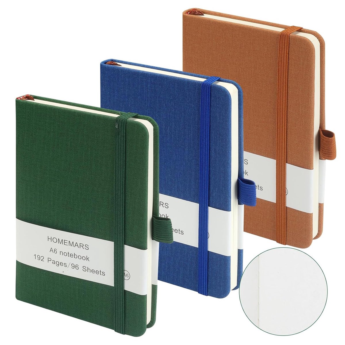 SnelShoppen - Notitieboekjes A6, 3-Pack met Witte Pagina's, 192 Pagina's, Sketchbook, Reisdagboek, Groen, Bruin, Blauw, Compact Notitieboek voor Schoo