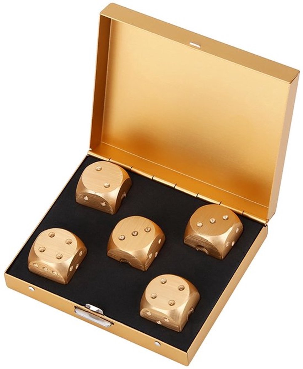 Dobbelstenen Set 5 Stuks - Aluminium Tafelspel - Opbergdoos - Goud - Tafelspellen - Compacte Grootte 1,6 cm - Speelgoed