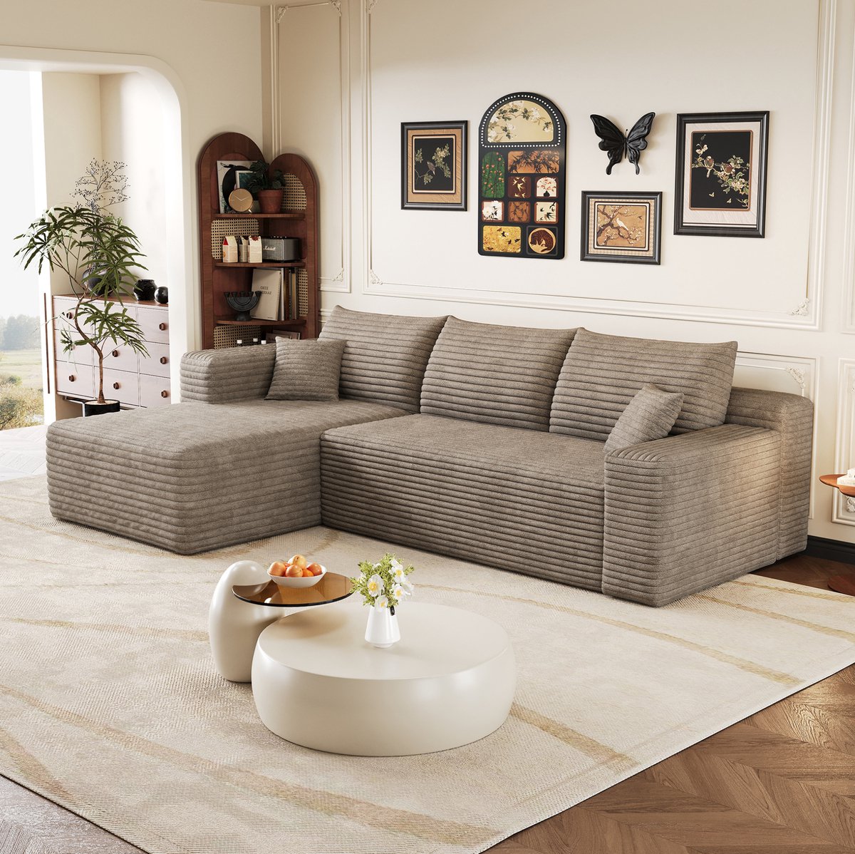 OKWISH Hoekbank 241 Cm - 3-Zits L-Vormige Bank Zonder Montage Met Chaise Longue - Diepe Zitting Van Corduroy - Woonkamer - Stof - Camel