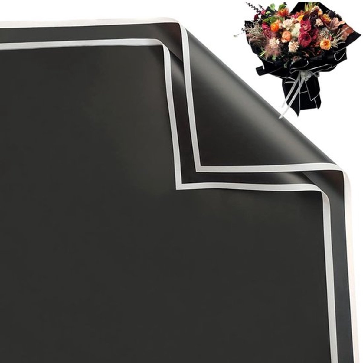 Inpakpapier Waterdicht - Zwart-Witte Rand - Bloemen - 58 x 58 cm - Cadeaupapier - Verpakking voor Boeket