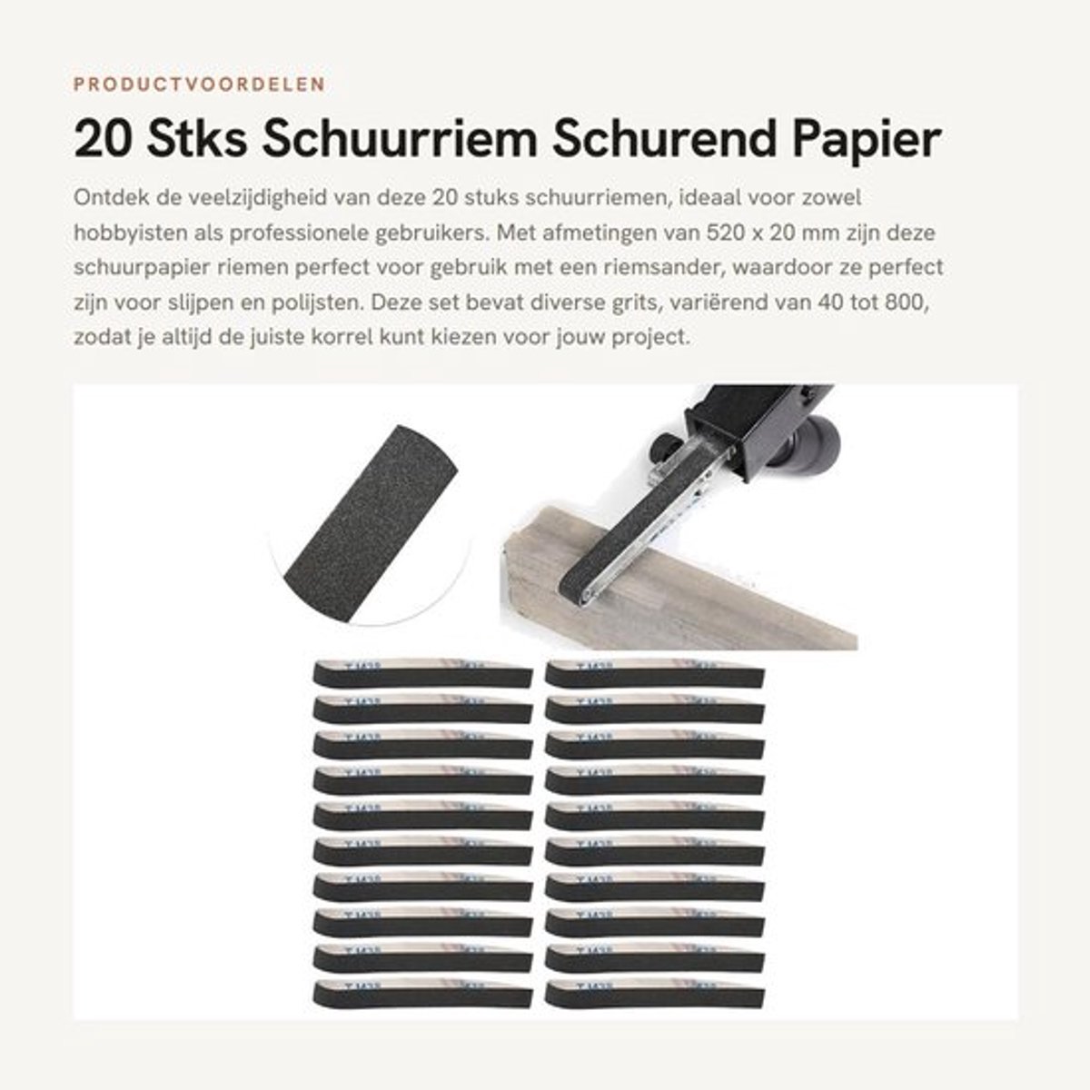 Schuurriem 520 x 20 mm - 20 Stuks - Schuurbanden 40/60/80/100/120/180/240/320/600/800 Grit - Schurend Papier - Slijpen/Polijsten - Uniform Zand - Schuurband