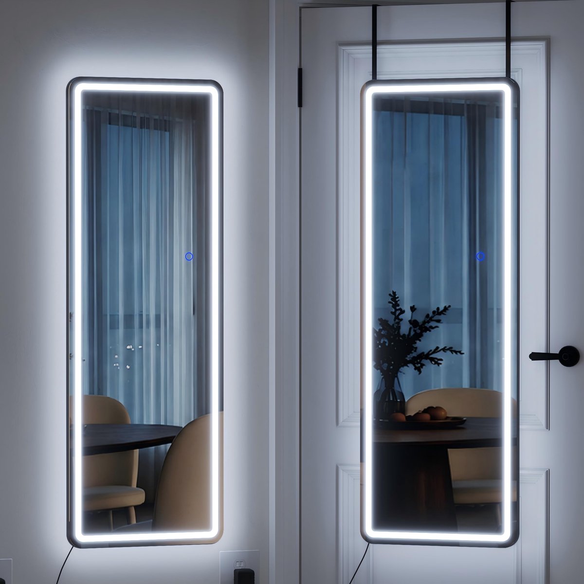 SnelShoppen - LED Wandspiegel 120x37 cm, Moderne Rechthoekige Spiegel met Verlichting, Lange Smalle Ophangspiegel voor Slaapkamer, Woonkamer, Zwart, 3