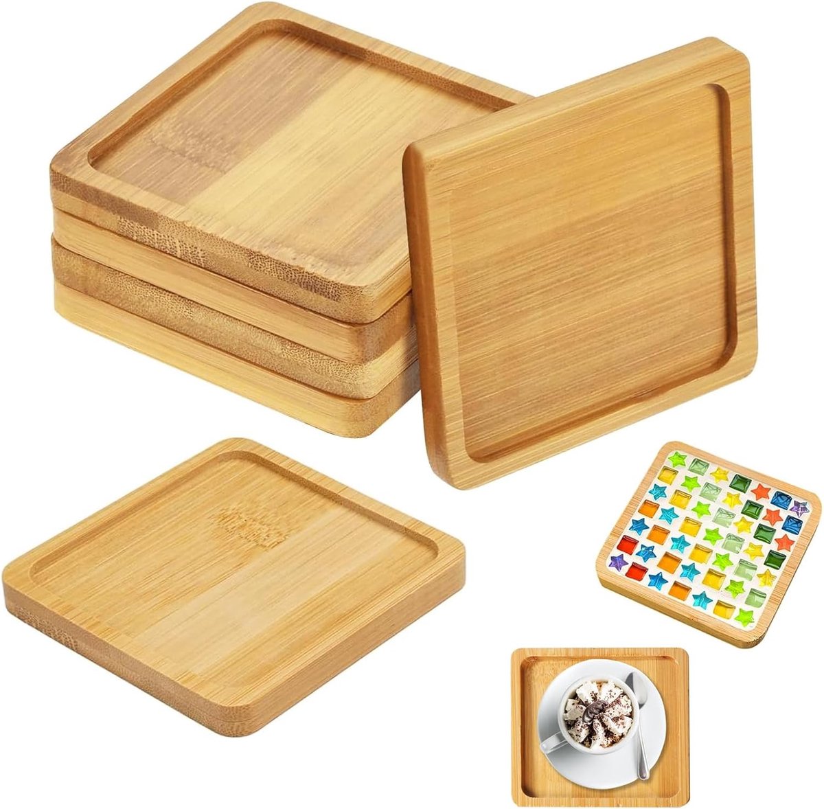 SnelShoppen - Bamboo Tray Set - 6 Stuks - Vierkant 9x9x1cm - Natuurlijke Bamboe - Duurzaam en Makkelijk Schoon te Maken - Ideaal voor Thuis of Kantoor
