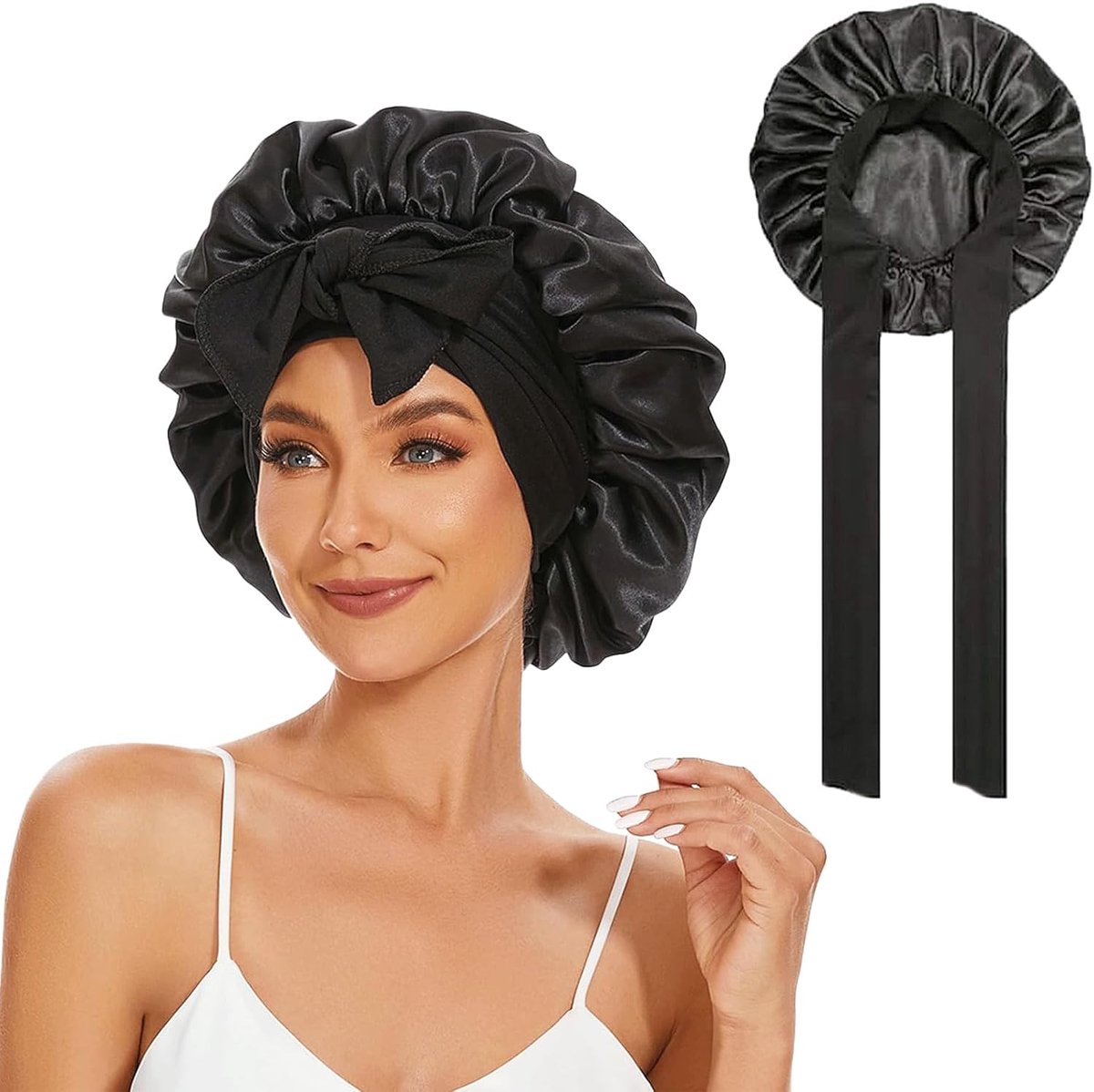 SnelShoppen - Zijde Slaapmuts voor Lang Haar, Zachte en Comfortabele Bonnet, Verstelbare Band, 36 cm, Zwart, Ideaal voor Nachtgebruik en Haarverzorgin