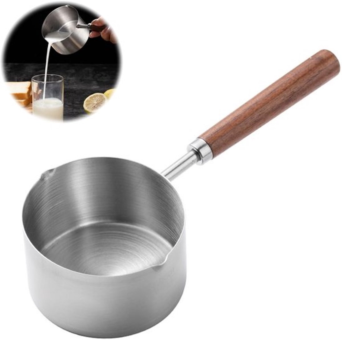 Kookpan Roestvrij Staal - Kleine Melkpan - Sauspan - Soeppan - Houten Handvat - Dubbele Buitenzijde